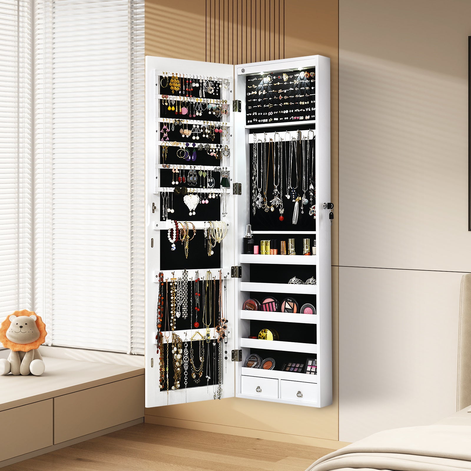 Wall and Door Mounted Mirrored Jewelry Cabinet With Lights, White Jewelry Armoires at Gallery Canada