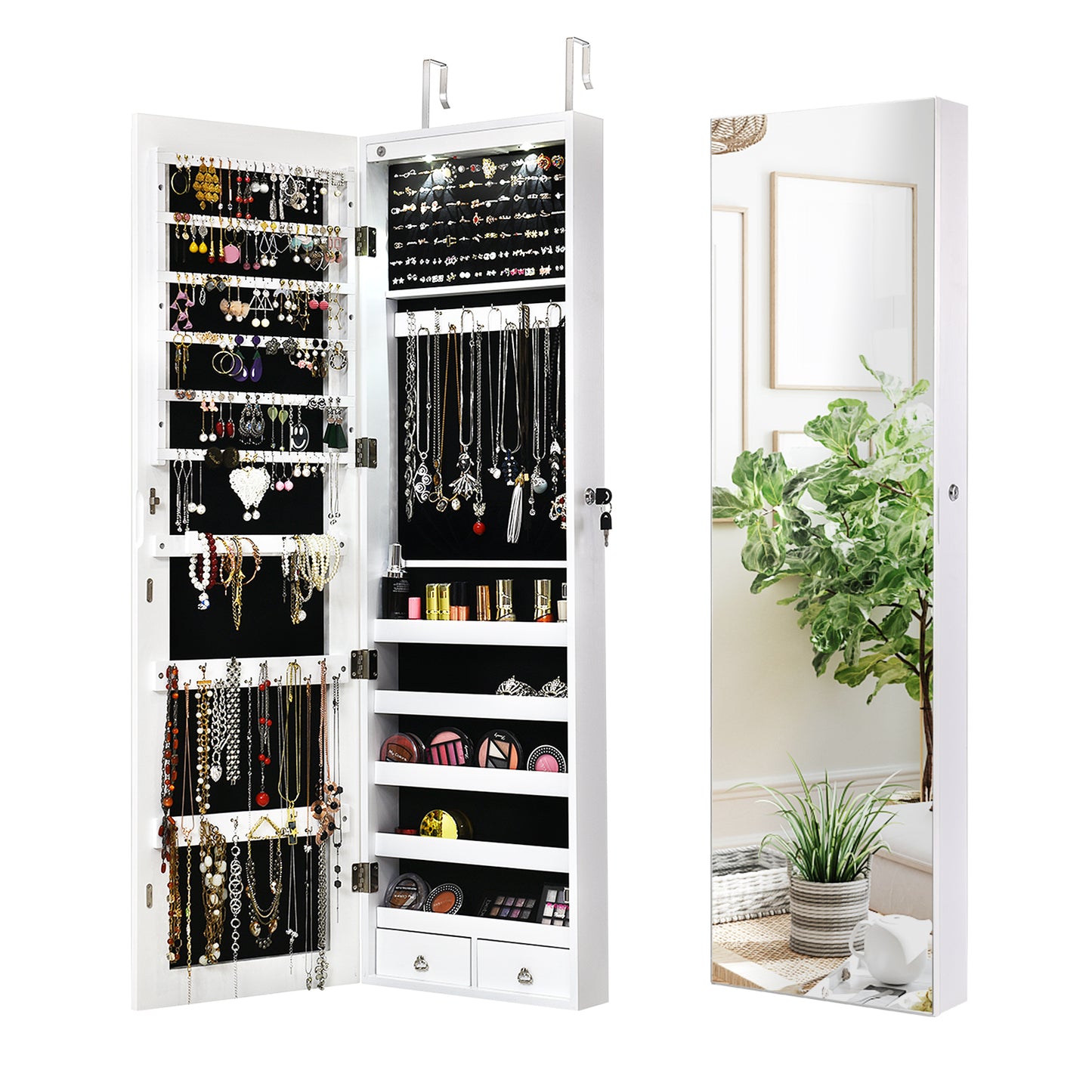 Wall and Door Mounted Mirrored Jewelry Cabinet With Lights, White Jewelry Armoires at Gallery Canada