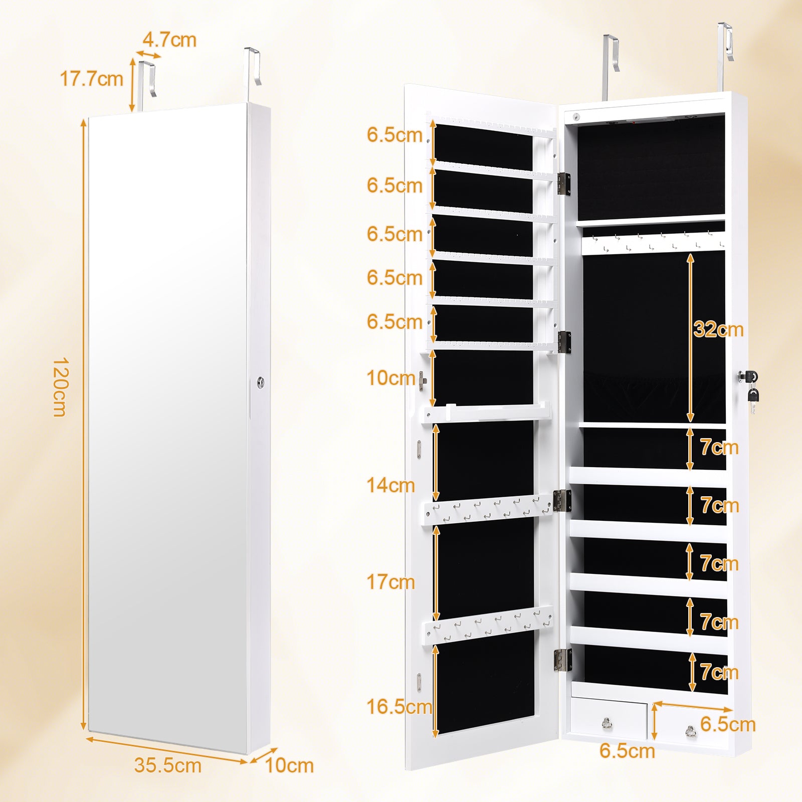 Wall and Door Mounted Mirrored Jewelry Cabinet With Lights, White Jewelry Armoires at Gallery Canada