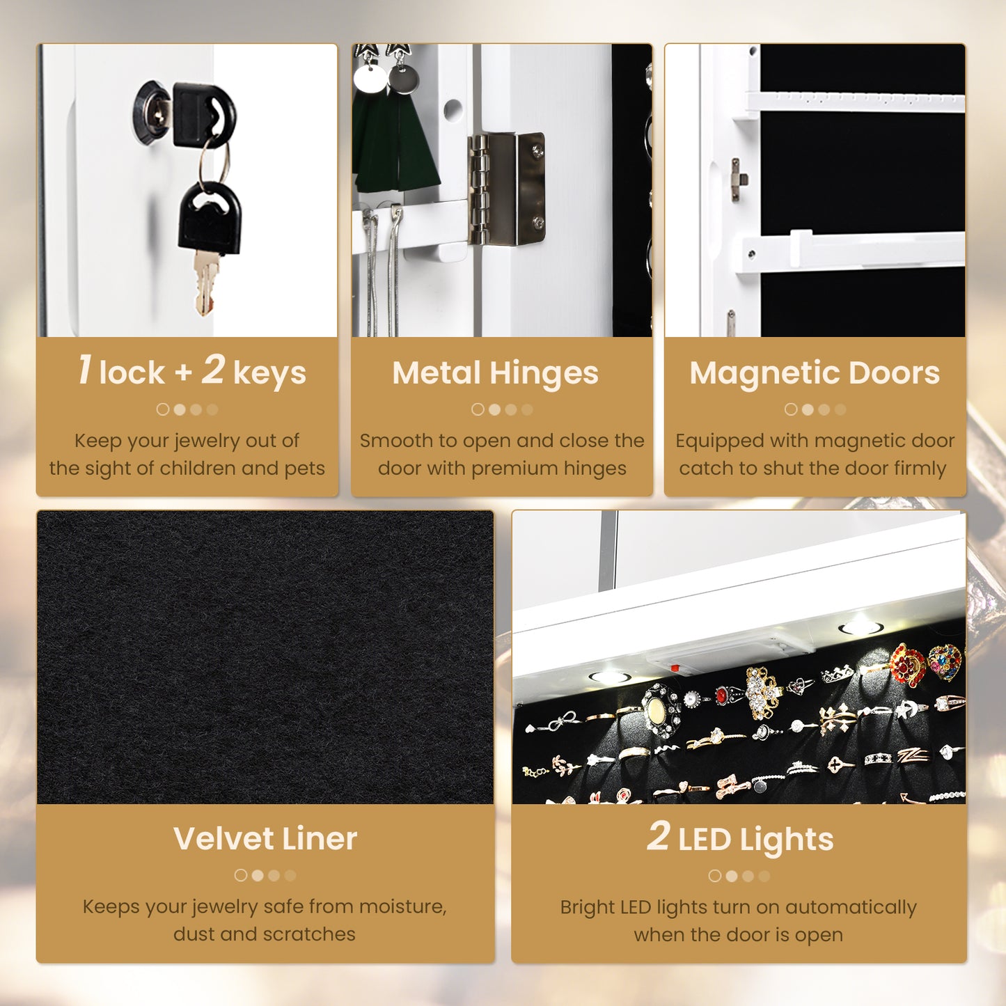 Wall and Door Mounted Mirrored Jewelry Cabinet With Lights, White Jewelry Armoires at Gallery Canada