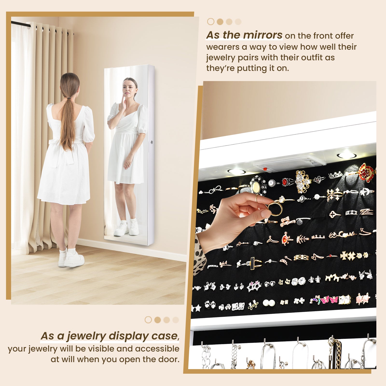 Wall and Door Mounted Mirrored Jewelry Cabinet With Lights, White Jewelry Armoires at Gallery Canada