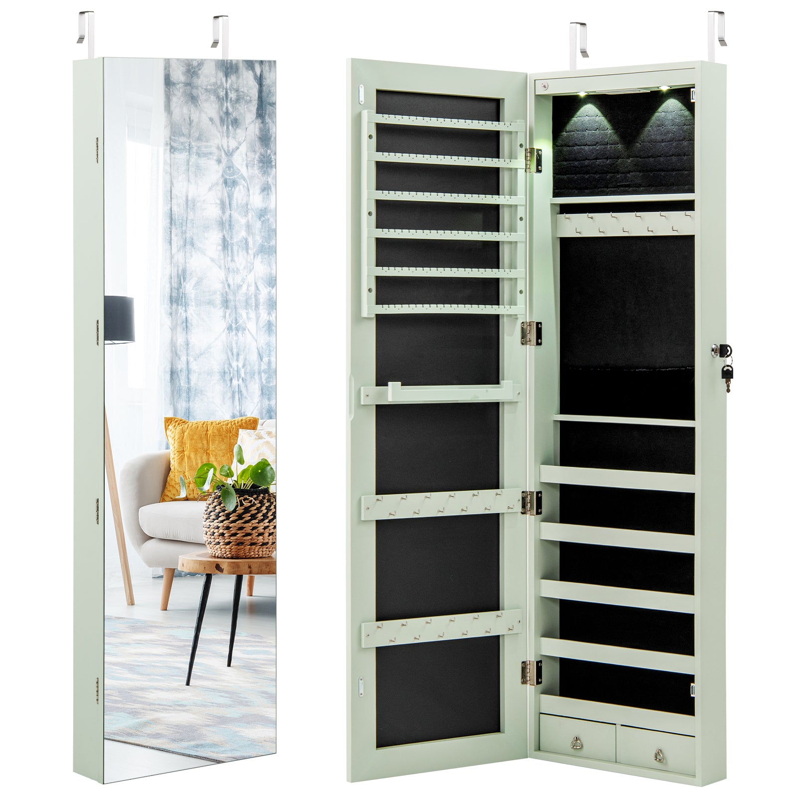 Wall Mounted Jewelry Cabinet With Lights, Green Jewelry Armoires at Gallery Canada