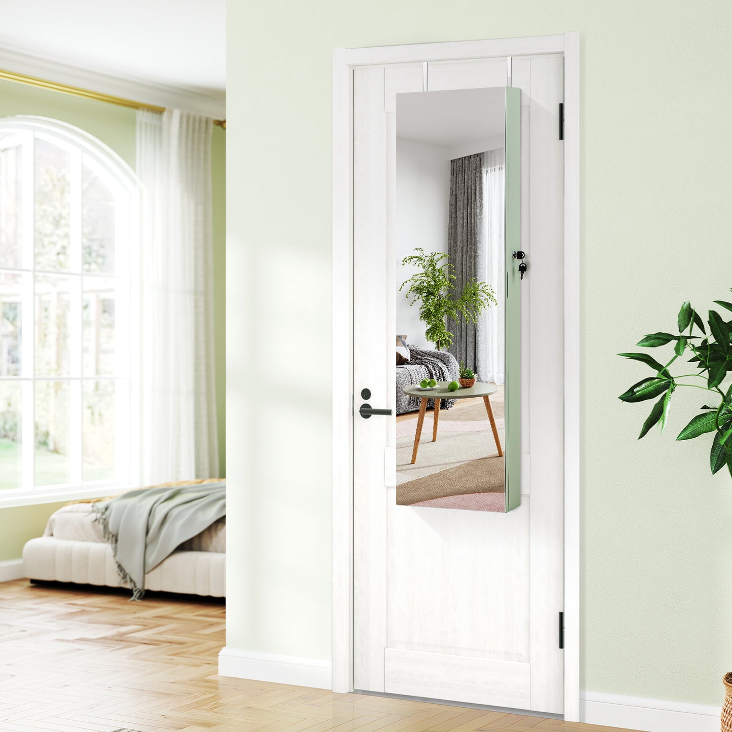 Wall and Door Mounted Mirrored Jewelry Cabinet with Lights, Green Jewelry Armoires at Gallery Canada