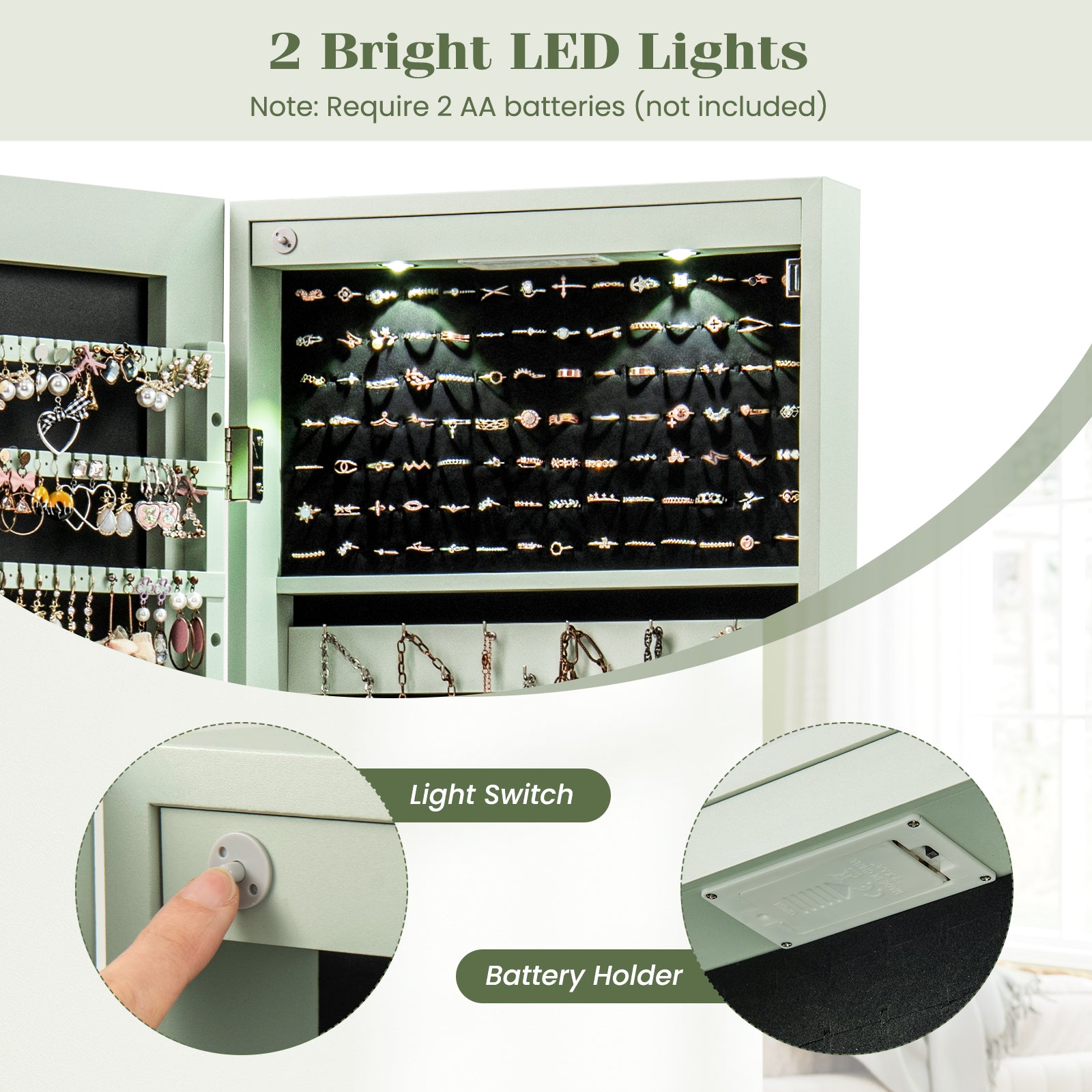 Wall and Door Mounted Mirrored Jewelry Cabinet with Lights, Green Jewelry Armoires at Gallery Canada