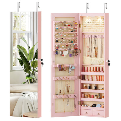 Wall and Door Mounted Mirrored Jewelry Cabinet with Lights, Pink Jewelry Armoires at Gallery Canada