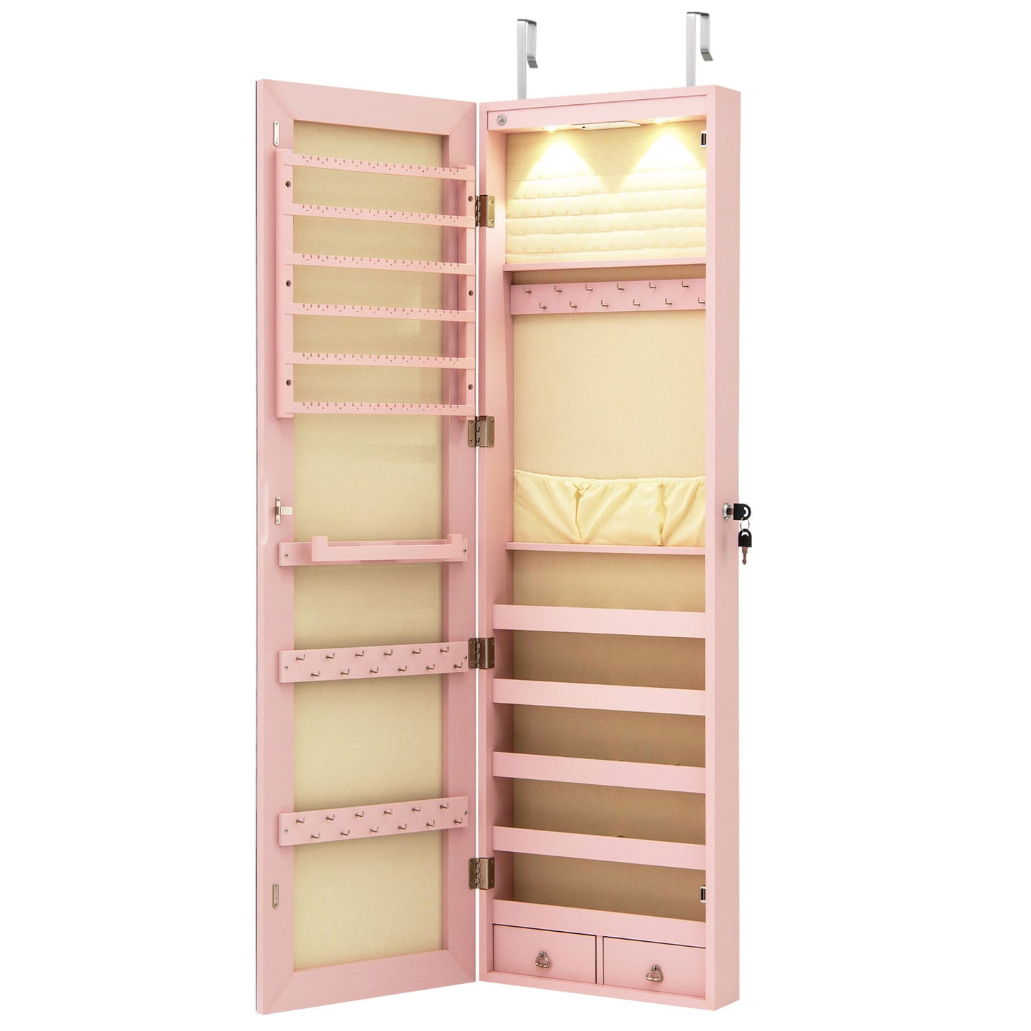 Wall and Door Mounted Mirrored Jewelry Cabinet with Lights, Pink Jewelry Armoires Pink at Gallery Canada