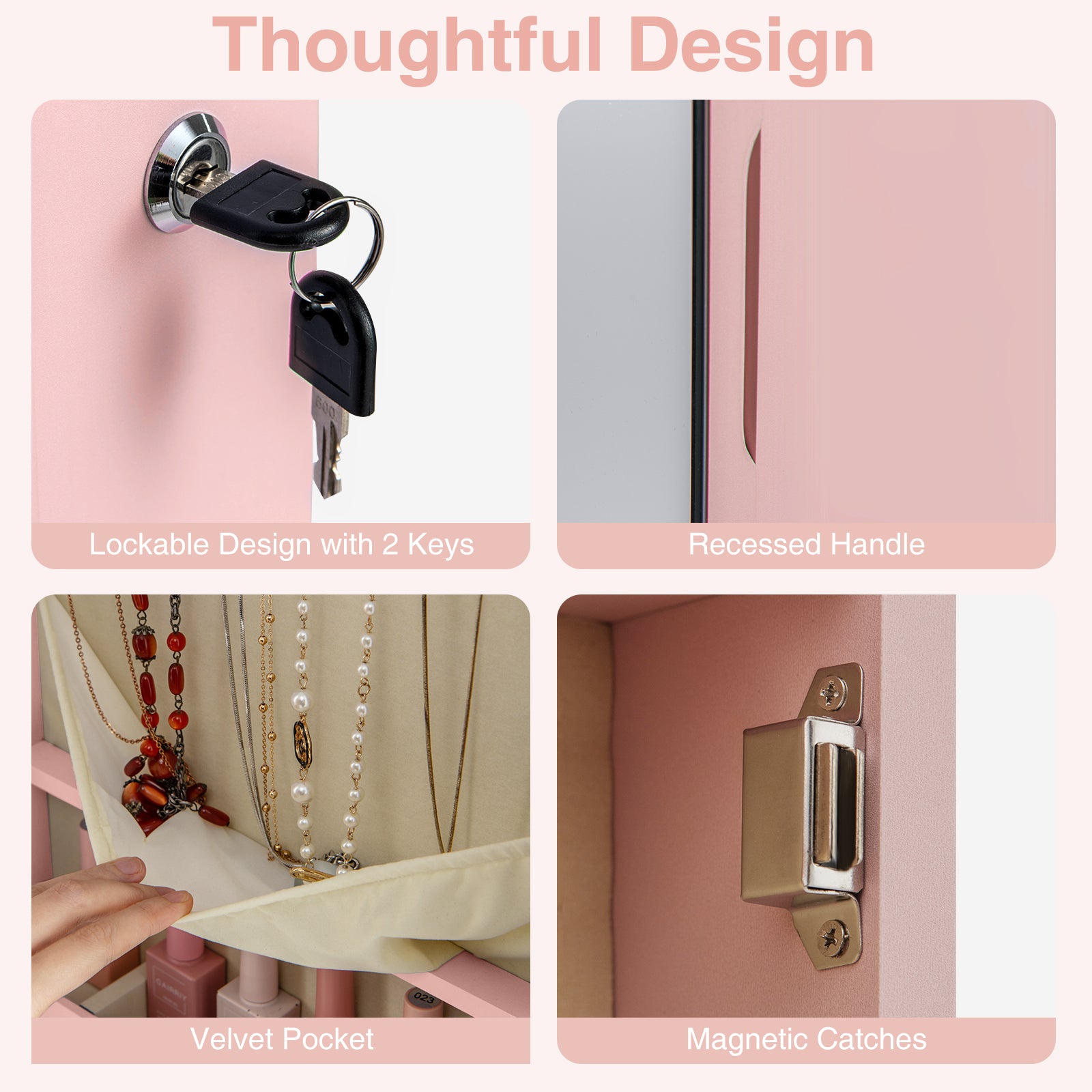 Wall and Door Mounted Mirrored Jewelry Cabinet with Lights, Pink Jewelry Armoires at Gallery Canada