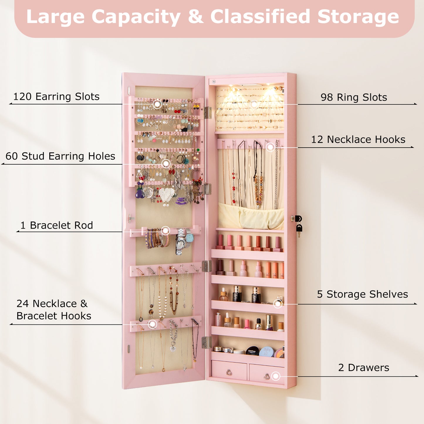 Wall and Door Mounted Mirrored Jewelry Cabinet with Lights, Pink Jewelry Armoires at Gallery Canada