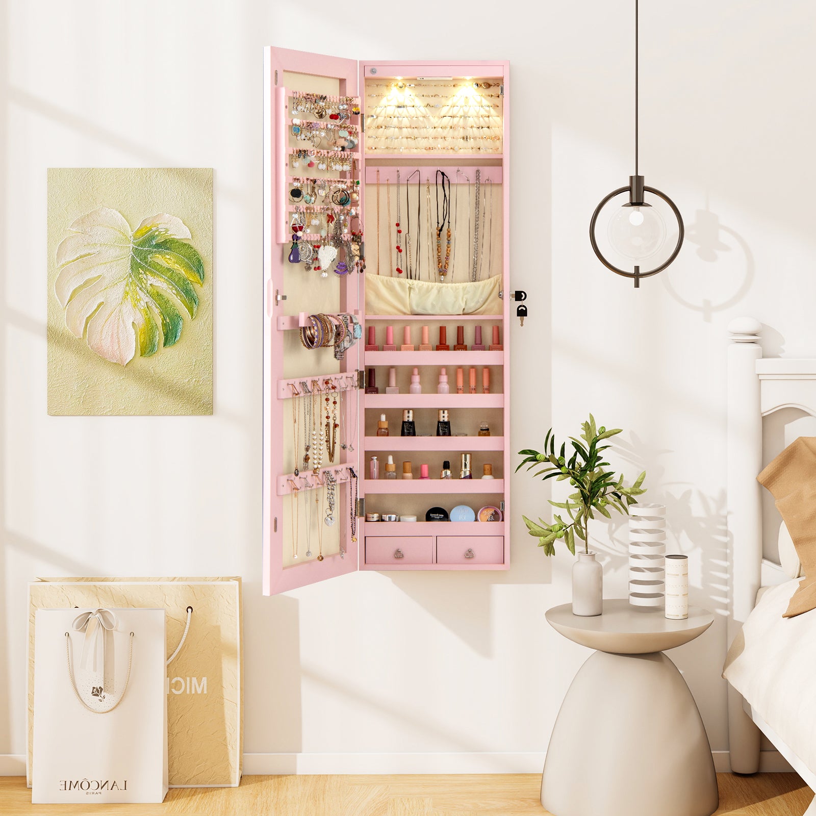 Wall and Door Mounted Mirrored Jewelry Cabinet with Lights, Pink Jewelry Armoires at Gallery Canada