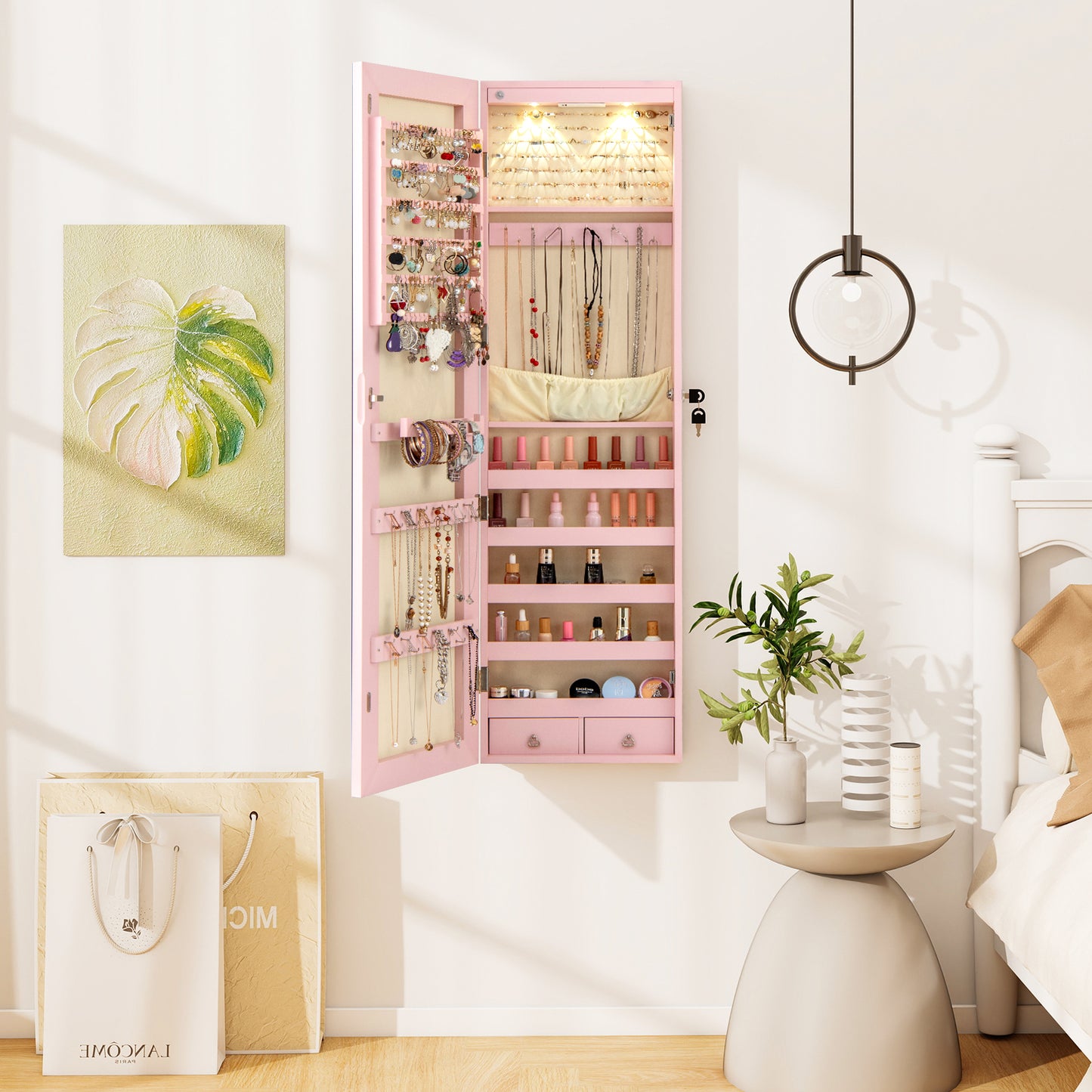 Wall and Door Mounted Mirrored Jewelry Cabinet with Lights, Pink Jewelry Armoires at Gallery Canada
