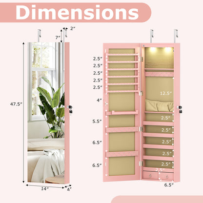 Wall and Door Mounted Mirrored Jewelry Cabinet with Lights, Pink Jewelry Armoires at Gallery Canada