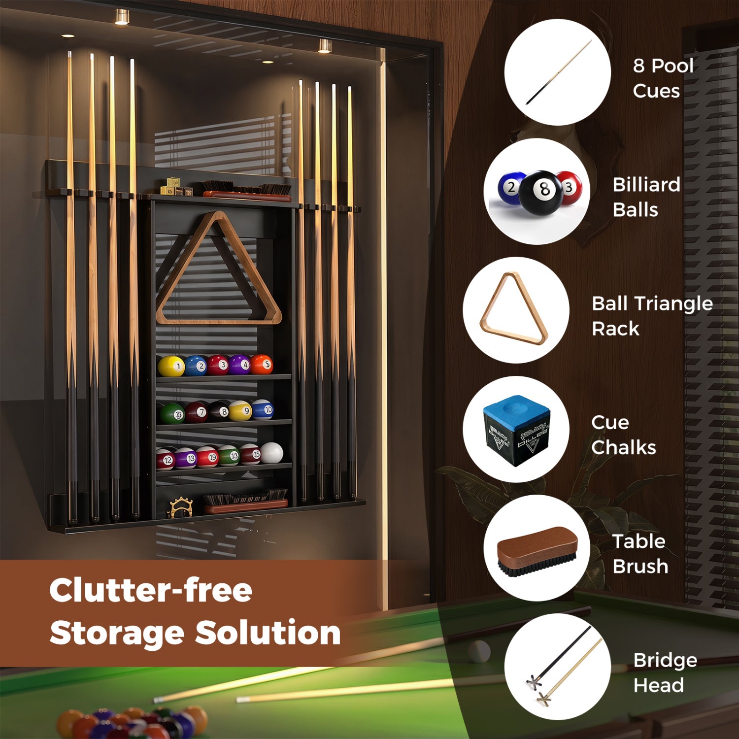 Wall Mounted Billiards Pool Cue Rack, Black Game Room at Gallery Canada