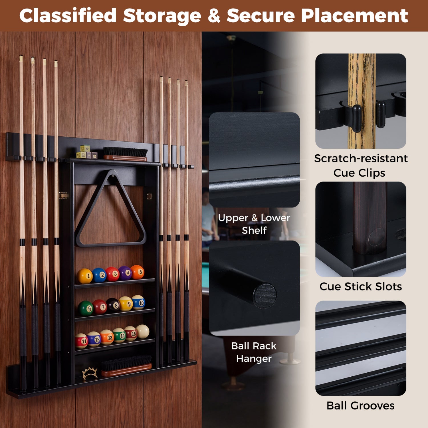 Wall Mounted Billiards Pool Cue Rack, Black Game Room at Gallery Canada