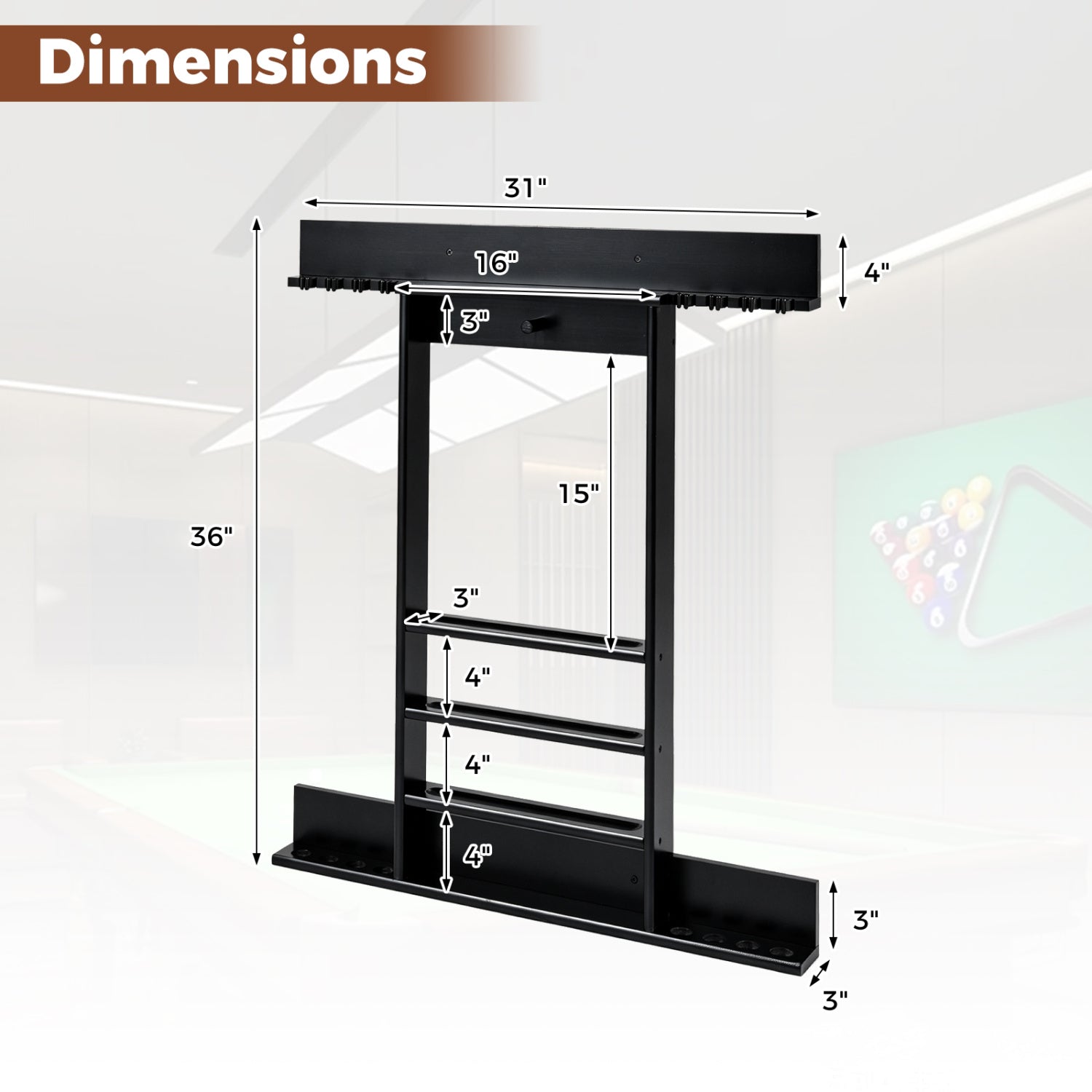 Wall Mounted Billiards Pool Cue Rack, Black Game Room at Gallery Canada