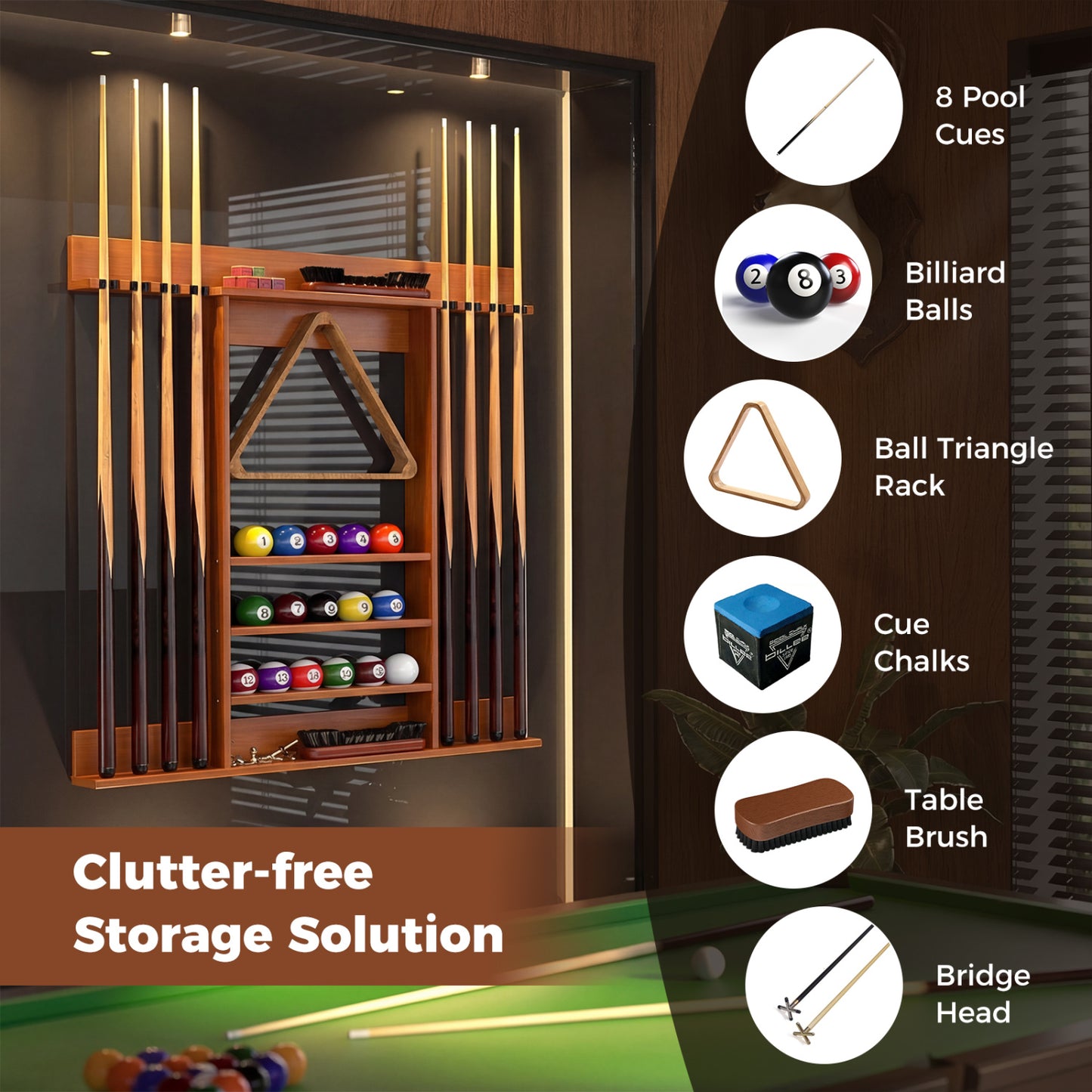 Wall Mounted Pool Cue Rack, Brown Game Room at Gallery Canada
