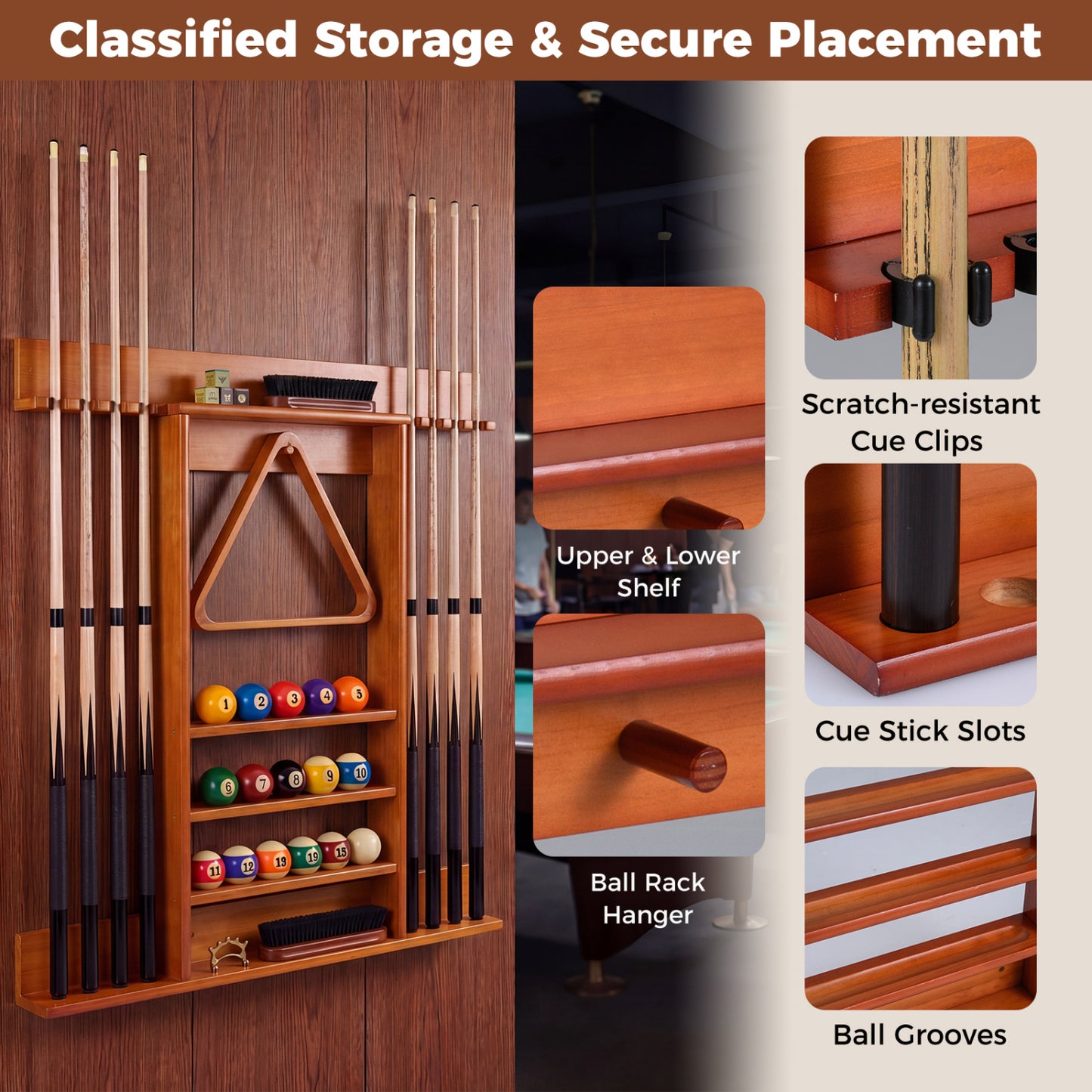 Wall Mounted Pool Cue Rack, Brown Game Room at Gallery Canada