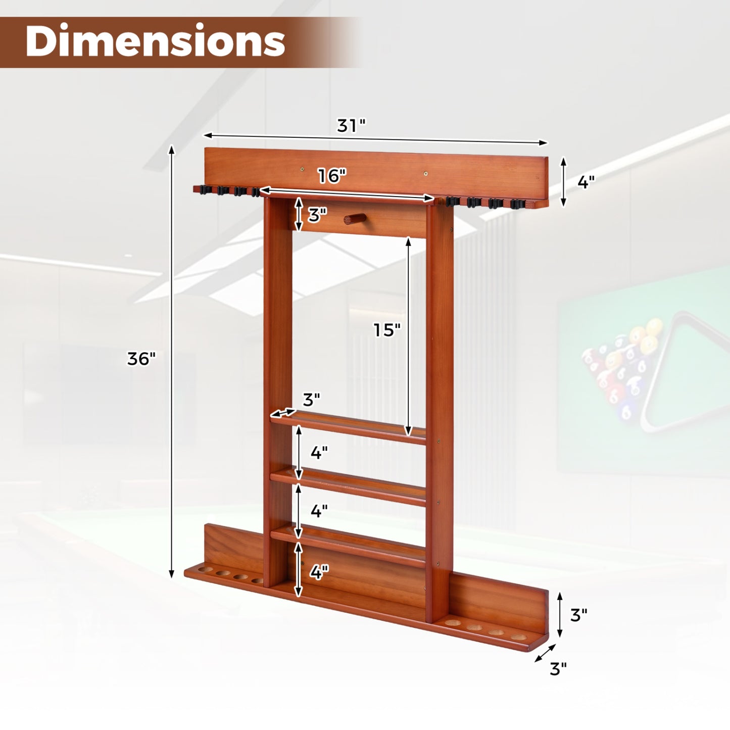 Wall Mounted Pool Cue Rack, Brown Game Room at Gallery Canada