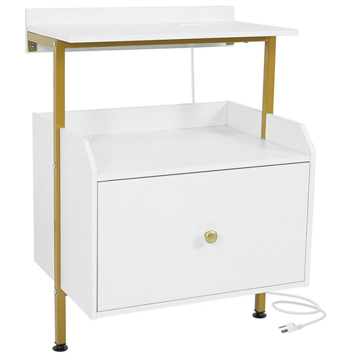 Wall-Mounted Nightstand with LED Lights, Charging Station, White