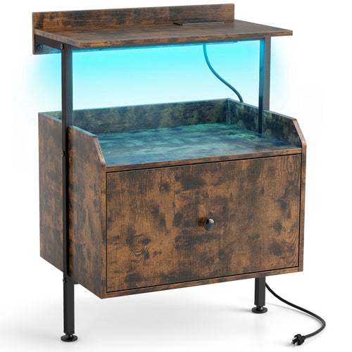 Wall-Mounted Nightstand, LED Lights, Charging Station, Rustic Brown