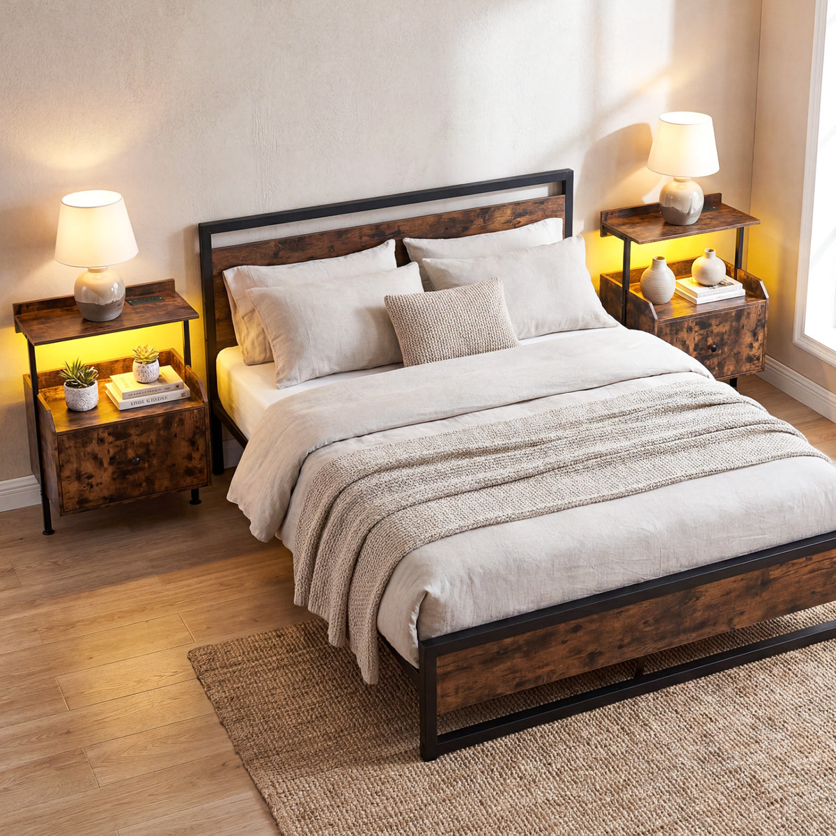 Wall-Mounted Nightstand, LED Lights, Charging Station, Rustic Brown Nightstands at Gallery Canada