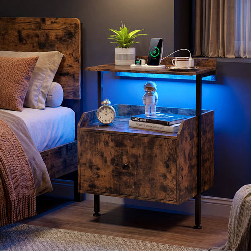 Wall-Mounted Nightstand, LED Lights, Charging Station, Rustic Brown
