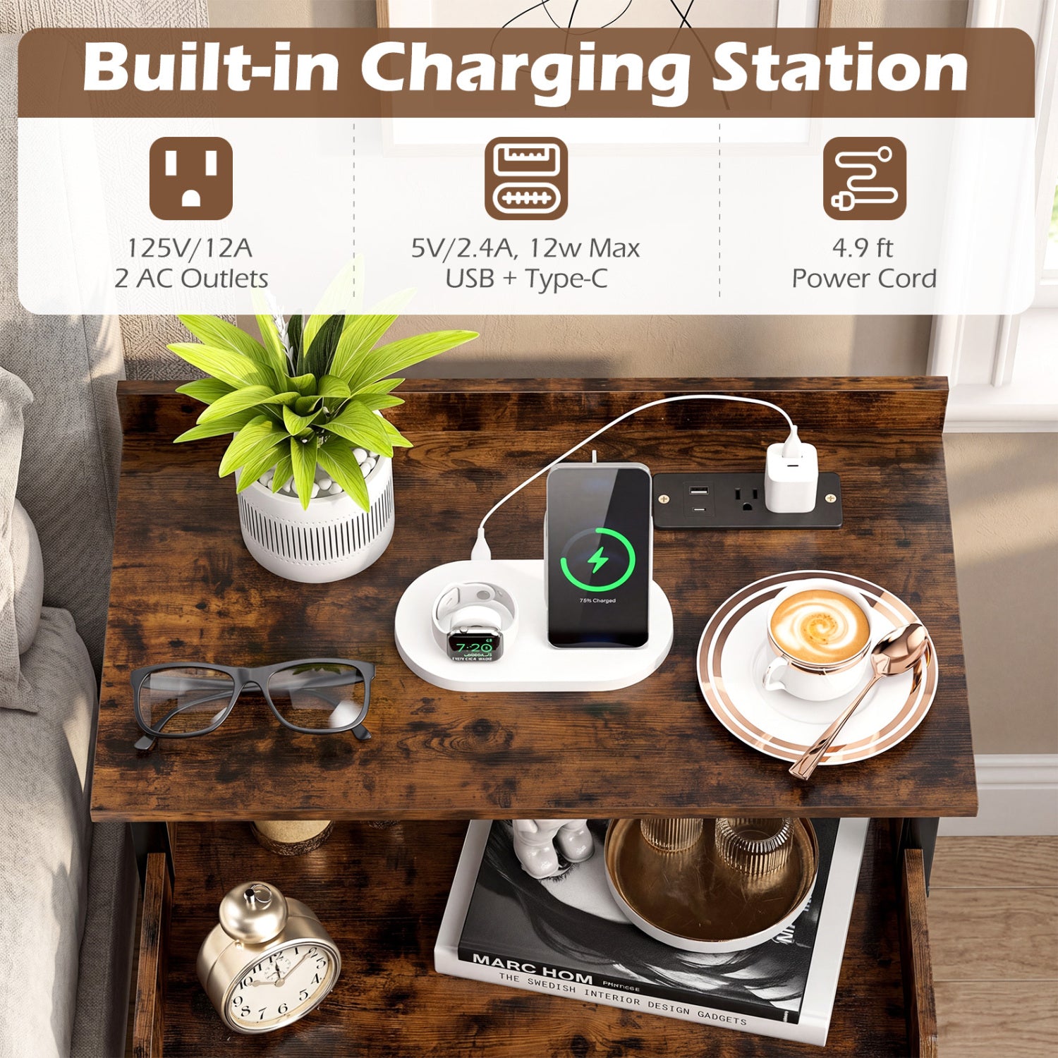 Wall-Mounted Nightstand, LED Lights, Charging Station, Rustic Brown Nightstands at Gallery Canada