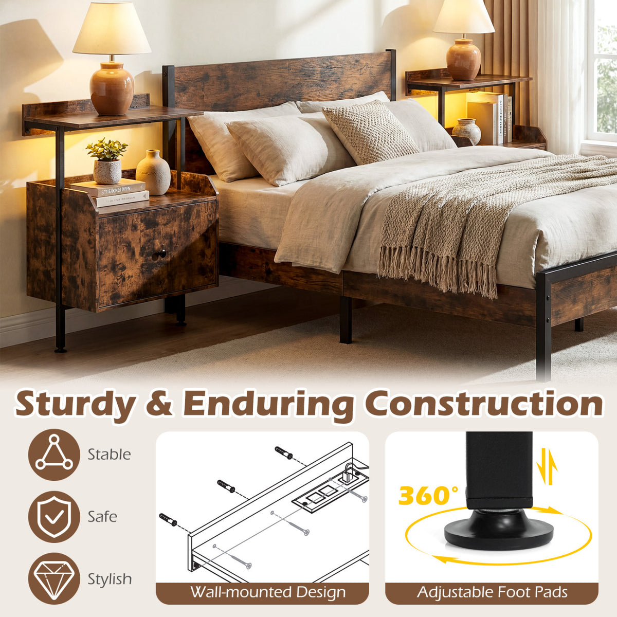 Wall-Mounted Nightstand, LED Lights, Charging Station, Rustic Brown Nightstands at Gallery Canada