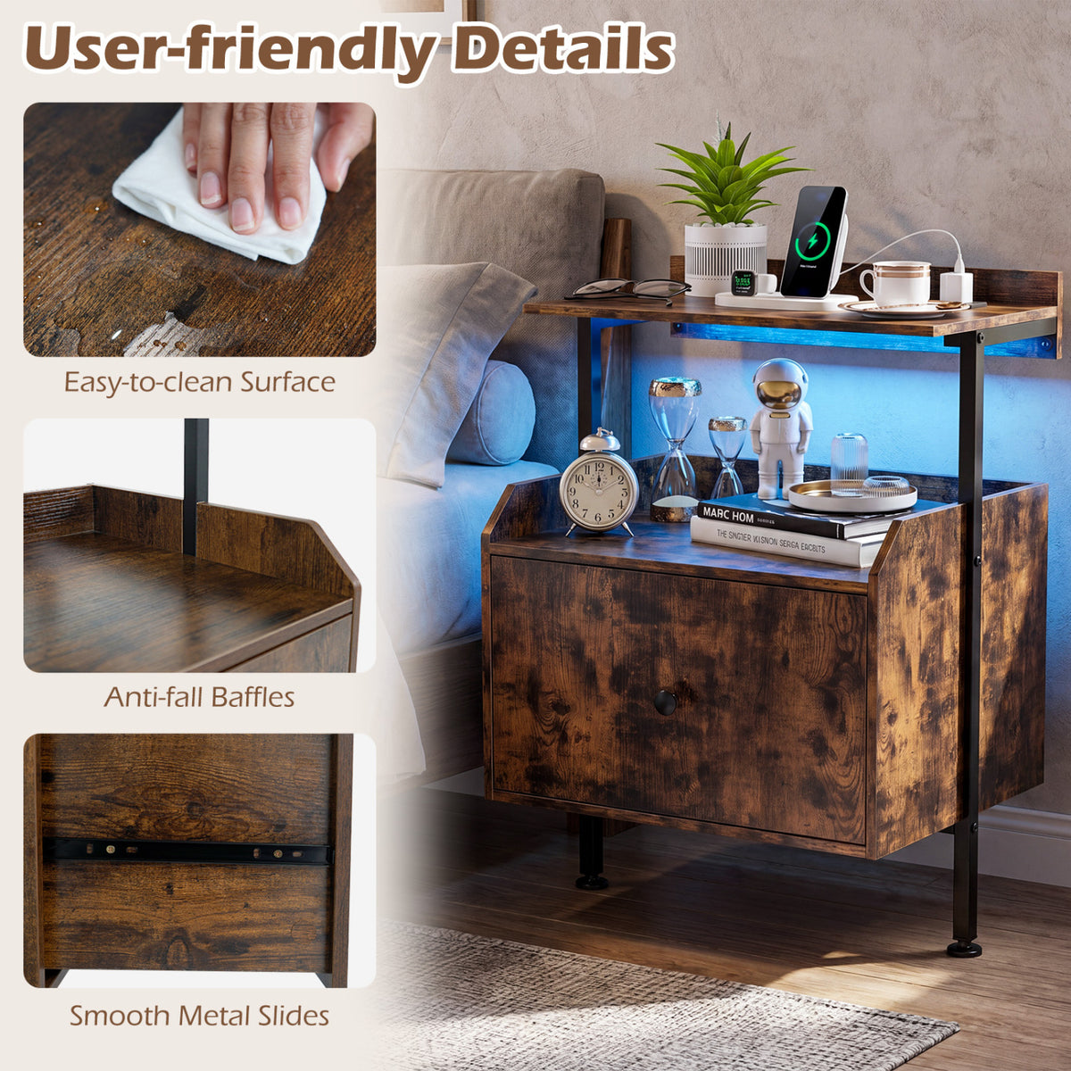 Wall-Mounted Nightstand, LED Lights, Charging Station, Rustic Brown Nightstands at Gallery Canada