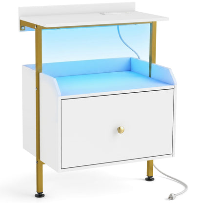 Wall-Mounted Nightstand with LED Lights, Charging Station, White Nightstands White at Gallery Canada