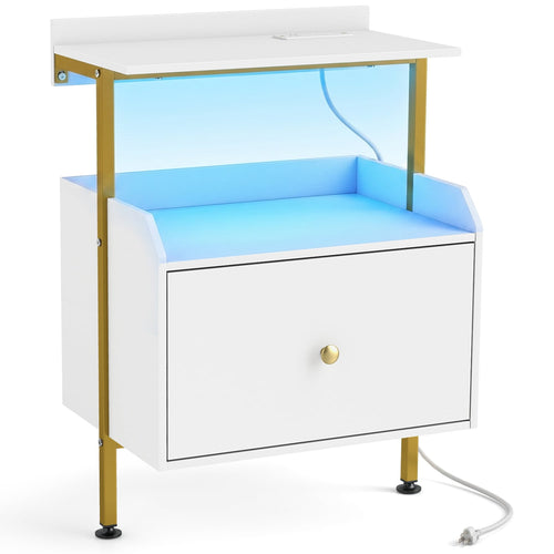 Wall-Mounted Nightstand with LED Lights, Charging Station, White