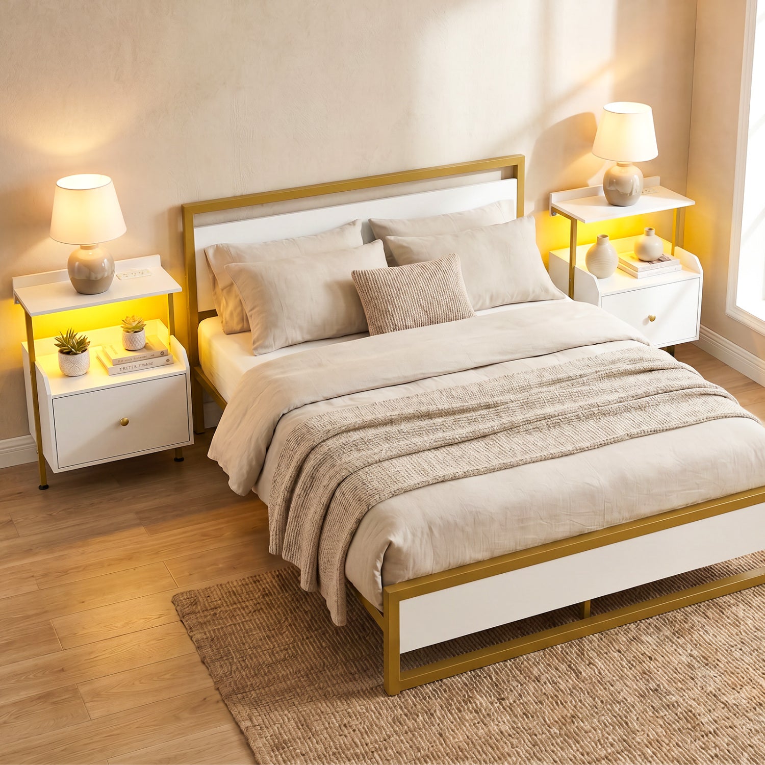 Wall-Mounted Nightstand with LED Lights, Charging Station, White Nightstands at Gallery Canada