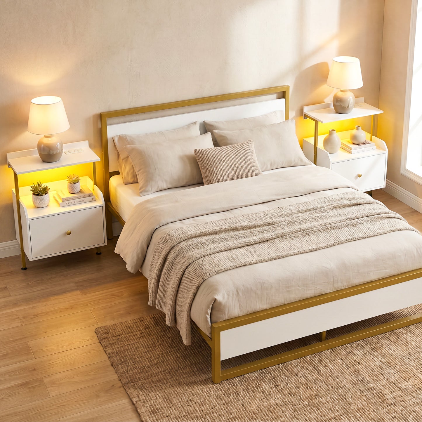 Wall-Mounted Nightstand with LED Lights, Charging Station, White Nightstands at Gallery Canada