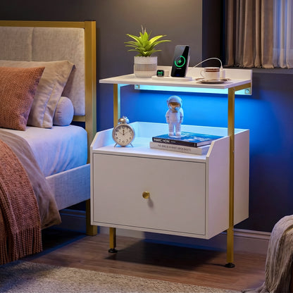 Wall-Mounted Nightstand with LED Lights, Charging Station, White Nightstands at Gallery Canada