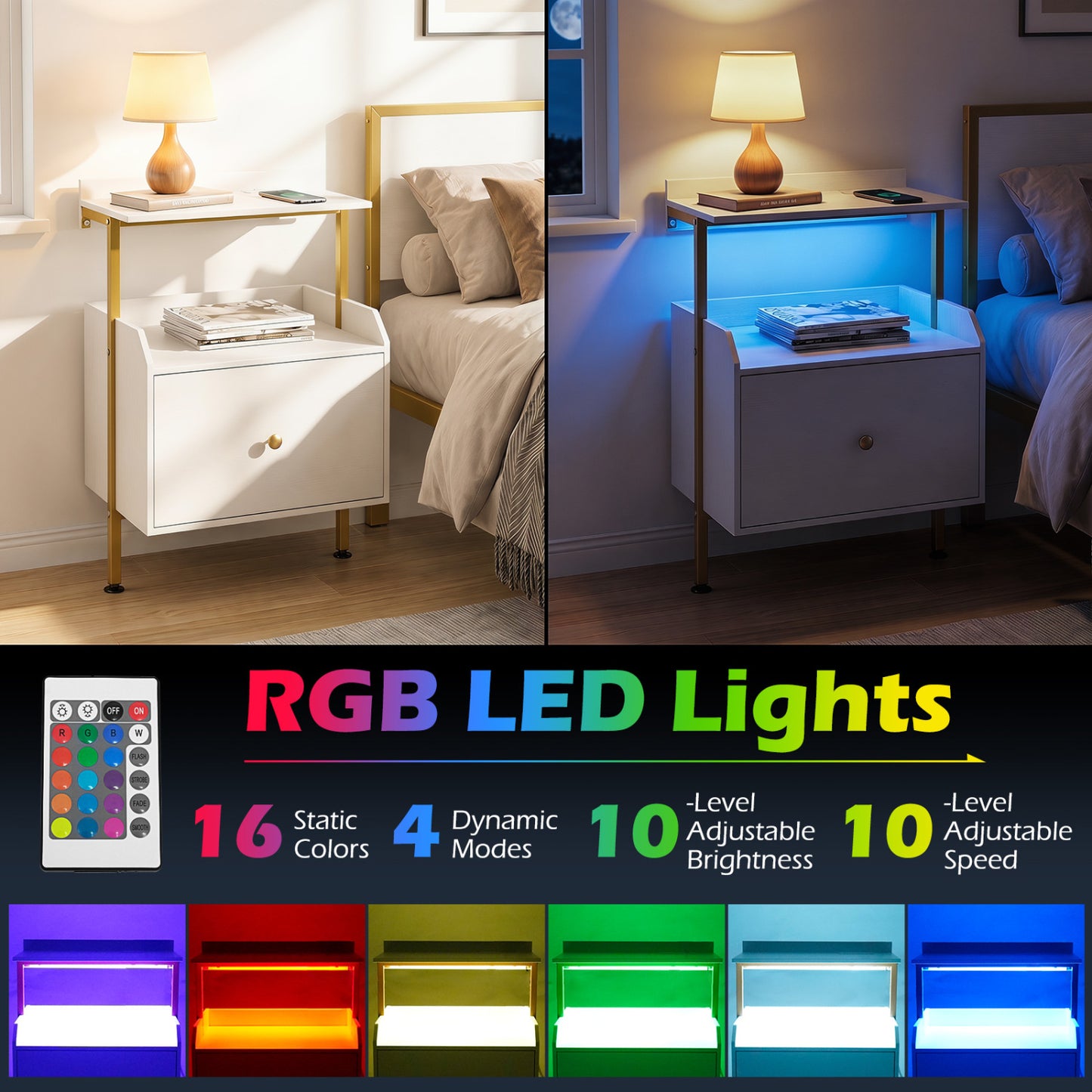 Wall-Mounted Nightstand with LED Lights, Charging Station, White Nightstands at Gallery Canada