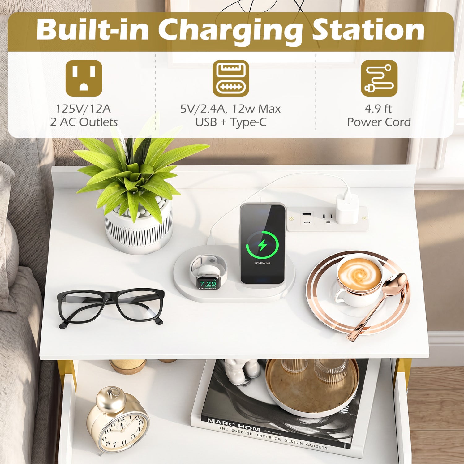 Wall-Mounted Nightstand with LED Lights, Charging Station, White Nightstands at Gallery Canada