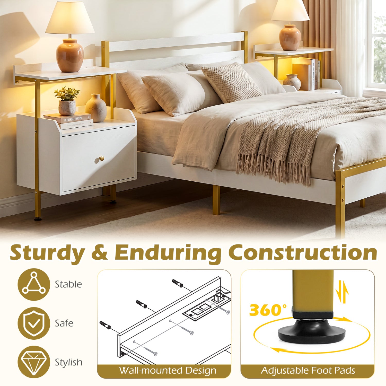 Wall-Mounted Nightstand with LED Lights, Charging Station, White Nightstands at Gallery Canada