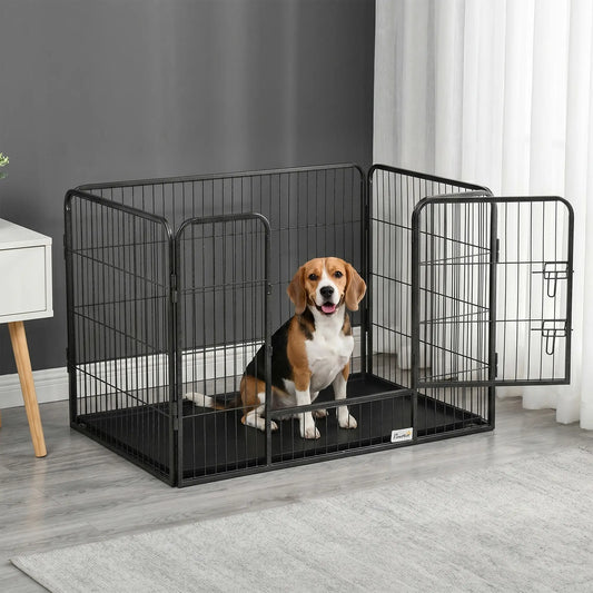 4 Panel Dog Playpen, 28" H Portable Pet Fence With Door, Tray, Grey Dog Cages & Crates Grey at Gallery Canada