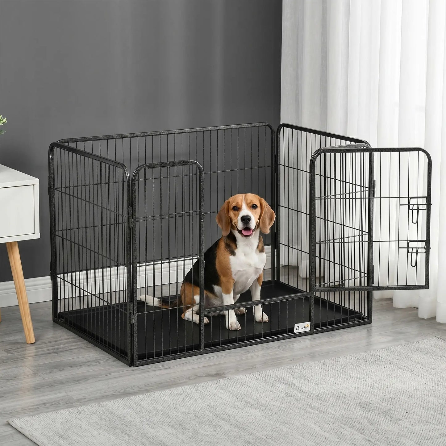 4 Panel Dog Playpen, 28" H Portable Pet Fence With Door, Tray, Grey Dog Cages & Crates at Gallery Canada