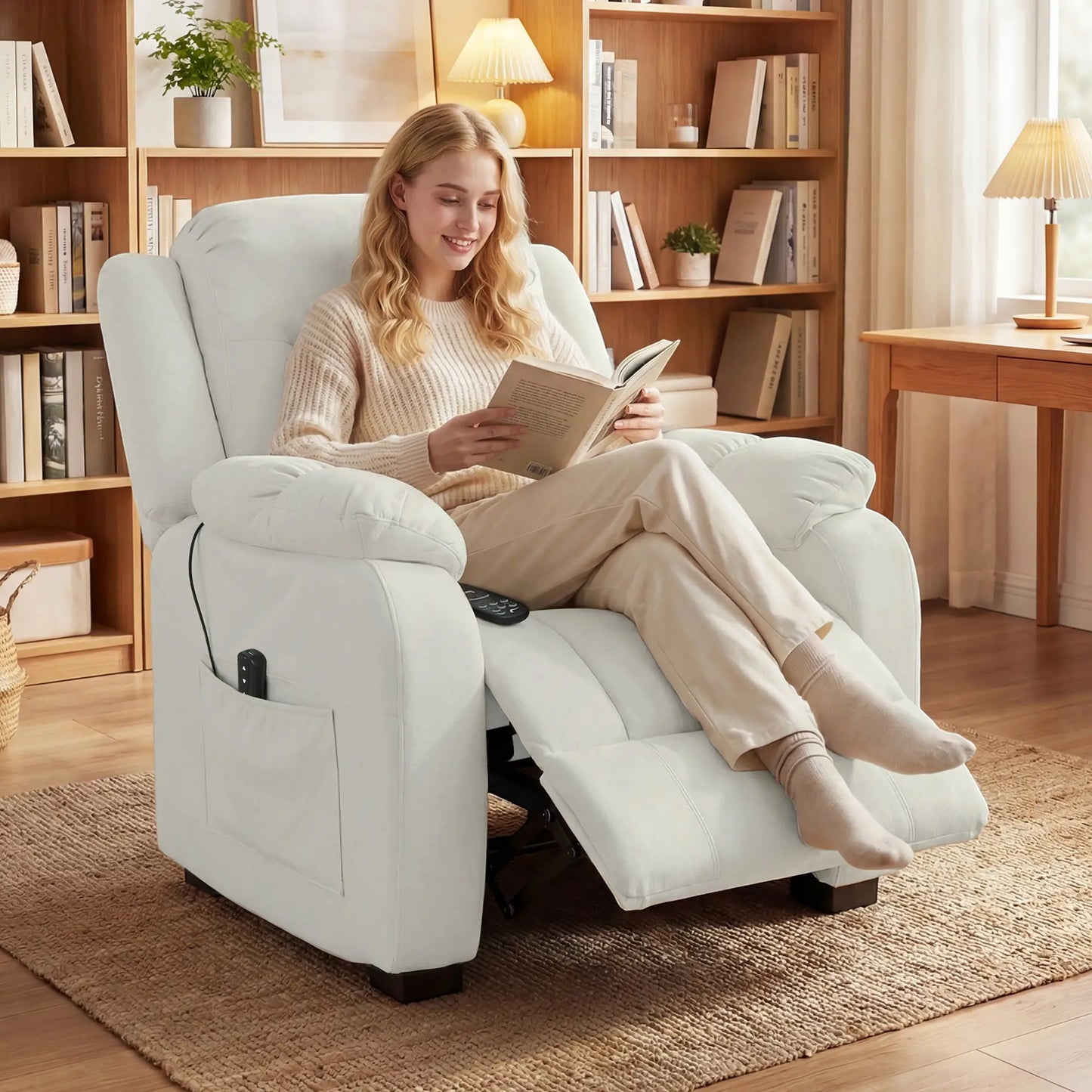 Massage Recliner Chair, Quiet Brushless Motor, Pet-Friendly Fabric, 2 Memory Positions, Cream White Single Sofas at Gallery Canada