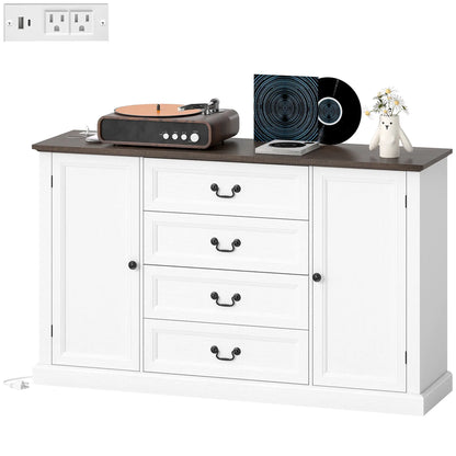 Farmhouse Sideboard with Charging Station, 58" Buffet Cabinet, White Storage Cabinets White Wood Grain, Brown Wood Grain at Gallery Canada
