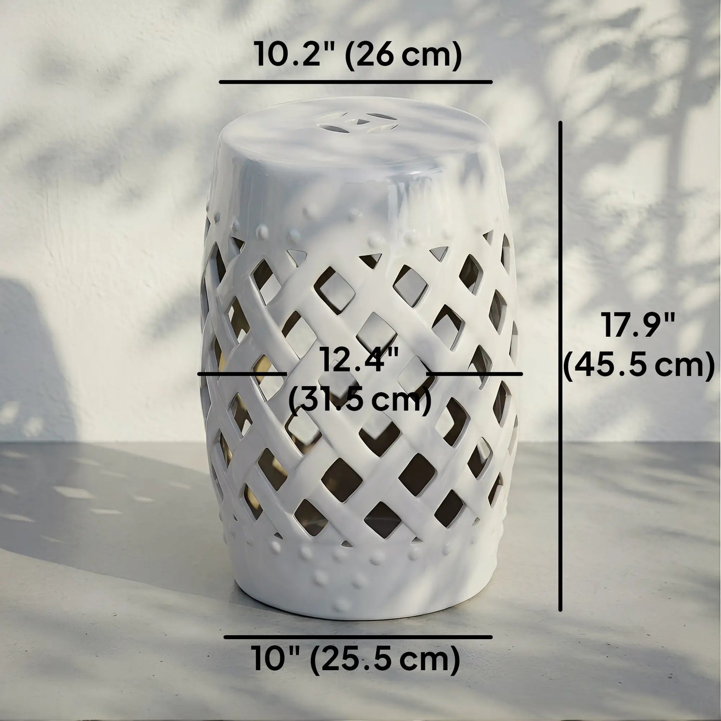 18" Ceramic Garden Stool, Woven Lattice Design, Indoor Outdoor, White Patio Chairs at Gallery Canada