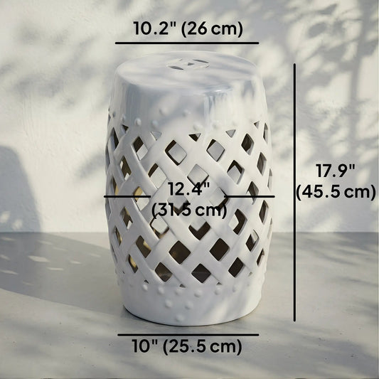 18" Ceramic Garden Stool, Woven Lattice Design, Indoor Outdoor, White Patio Chairs White at Gallery Canada
