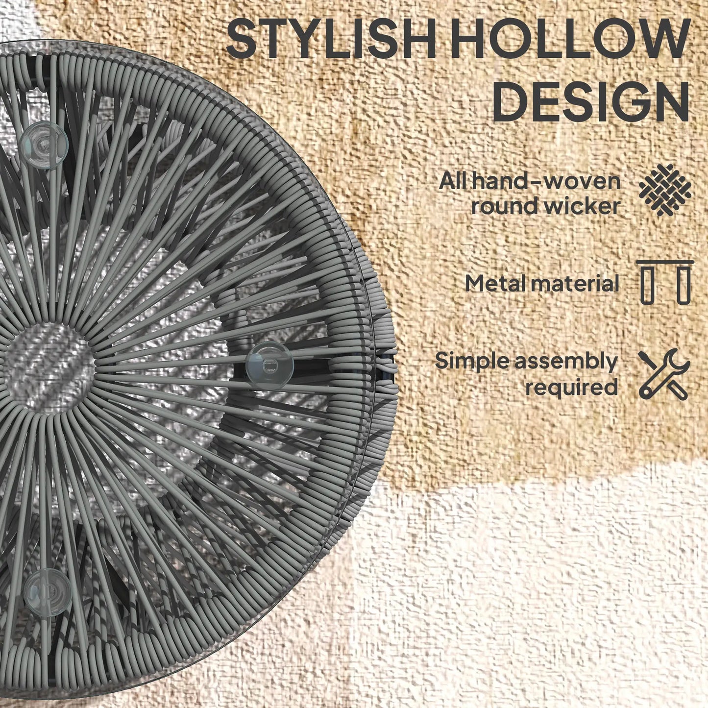Round Rattan End Table, Hollow Drum Design, Glass Top, Dark Grey Patio Side Tables at Gallery Canada
