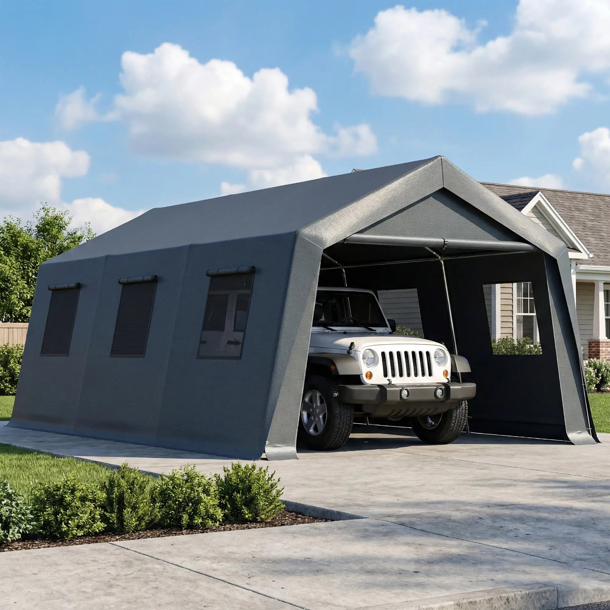 20 x 13 ft Portable Garage, Steel Frame, PE Canopy, Dark Grey Car Shelters at Gallery Canada