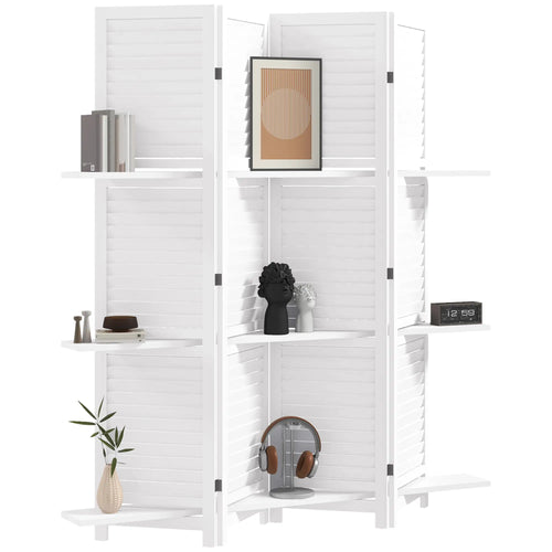 4-Panel Wall Partition, 3 Storage Shelves, Foldable, Wooden Frame, 5.6FT, White