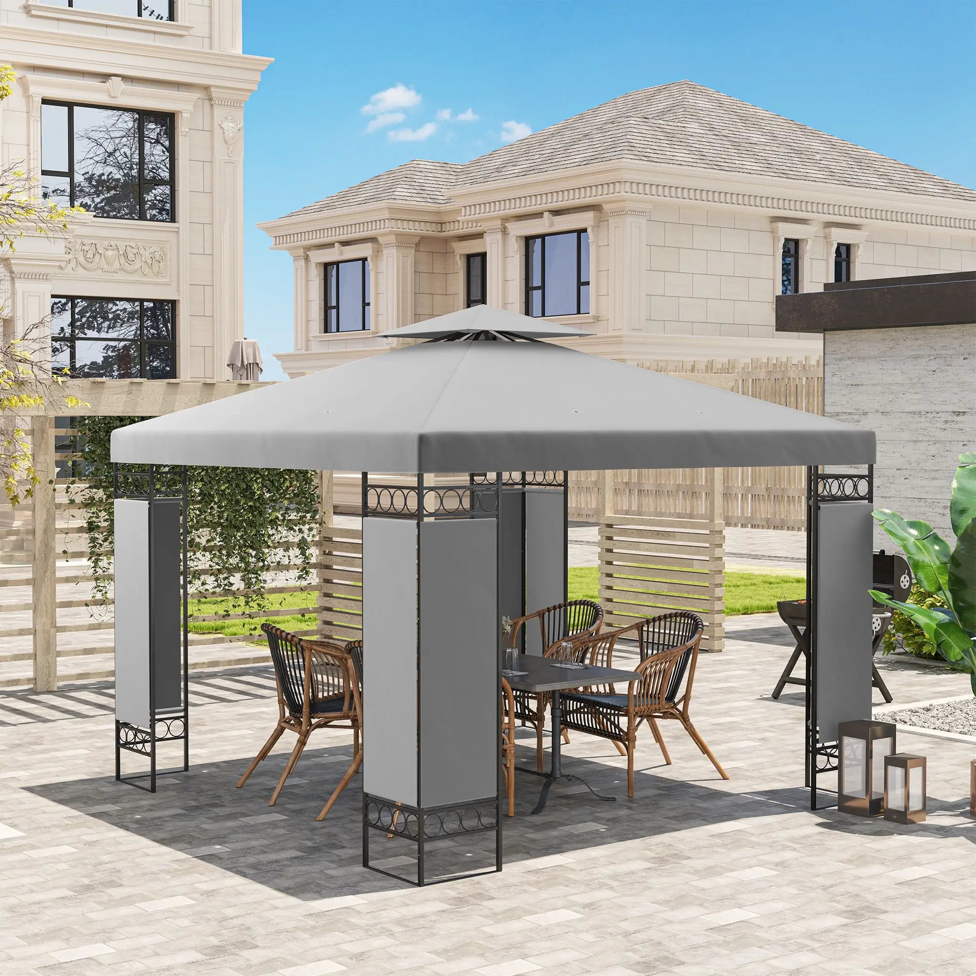 10x10 FT Canopy Gazebo, Double Roof With Screen Panels, Light Grey Gazebos at Gallery Canada