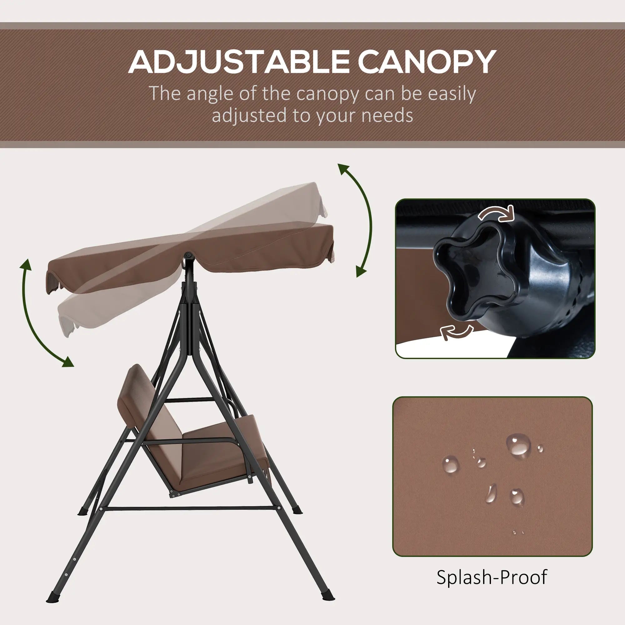 3-Seater Outdoor Porch Swing, Adjustable Canopy, Brown Patio Swings with Stand at Gallery Canada