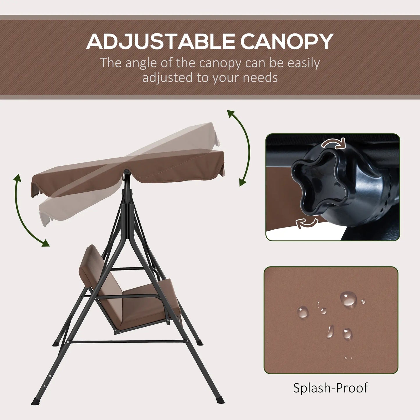 3-Seater Outdoor Porch Swing, Adjustable Canopy, Brown Patio Swings with Stand at Gallery Canada