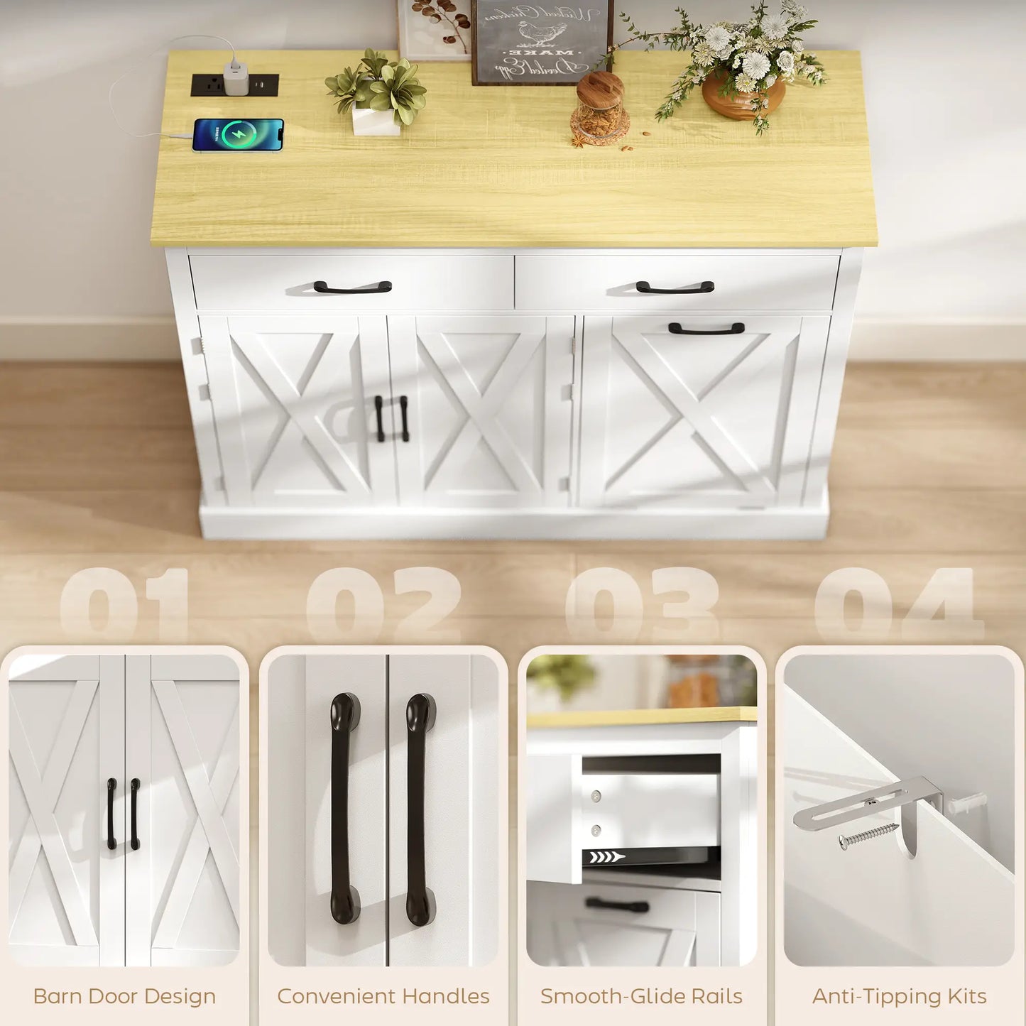 7 Gallon Tilt Out Garbage Cabinet, Kitchen Island With Charging Station, White