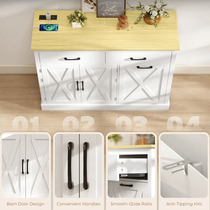 7 Gallon Tilt Out Garbage Cabinet, Kitchen Island With Charging Station, White